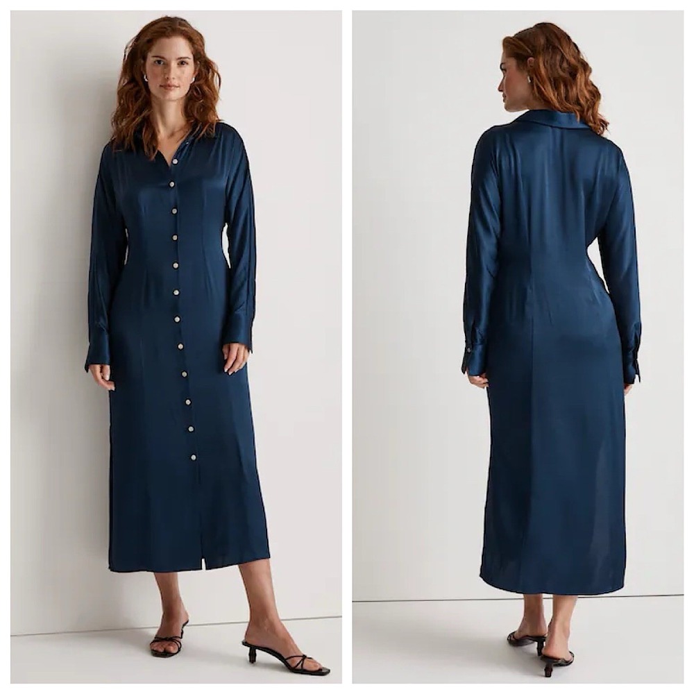 Madewell Maxi Shirt Dress Women 10 Blue Satin Button Front Sleeve Side Slits